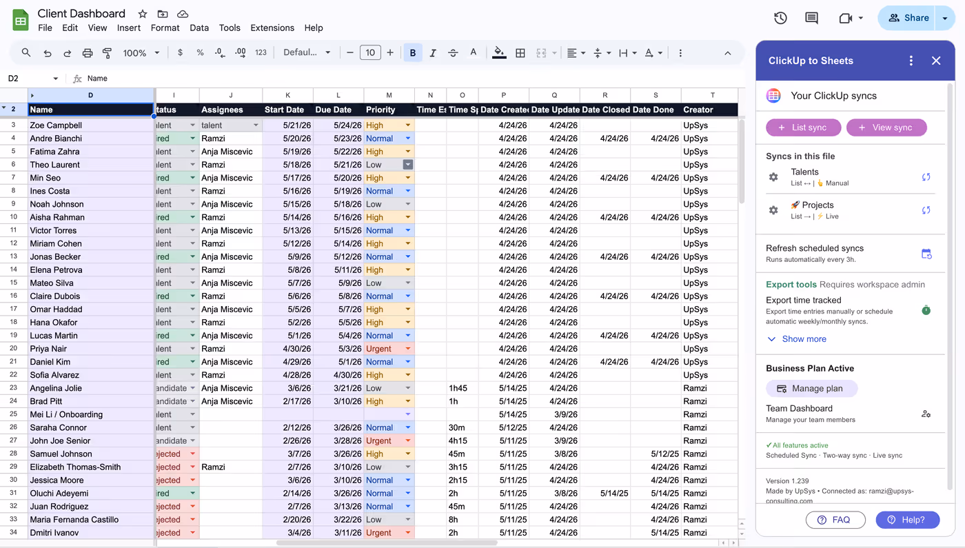 The ClickUp to Sheets sidebar listing 2 saved syncs: one set to manual and one set to live, with a scheduled refresh below them that runs automatically every 3 hours