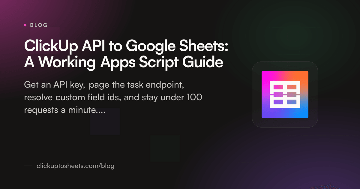 Title card showing a ClickUp API request returning tasks into a Google Sheets tab on a dark background