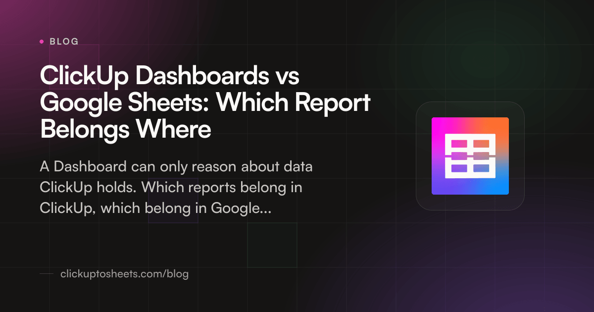 Title card comparing a ClickUp Dashboard with a Google Sheets pivot report on a dark background