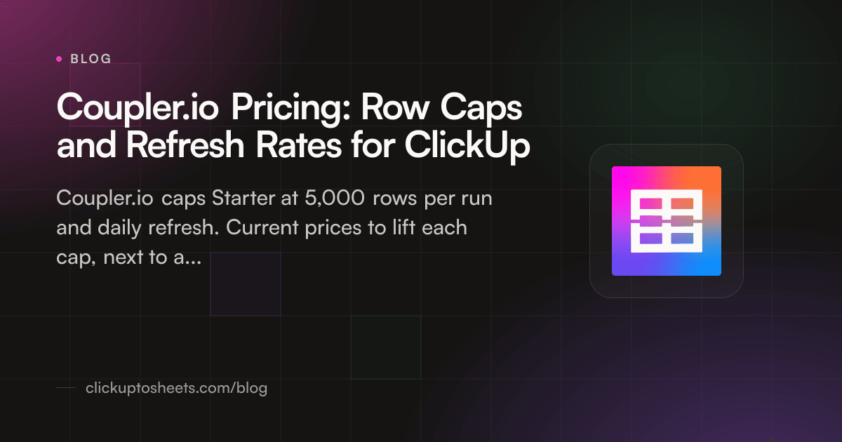 Title card comparing Coupler.io's multi-source importer with a single-purpose ClickUp to Google Sheets add-on on a dark background