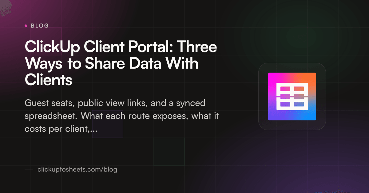 Title card showing a filtered ClickUp view becoming a client-facing Google Sheet on a dark background